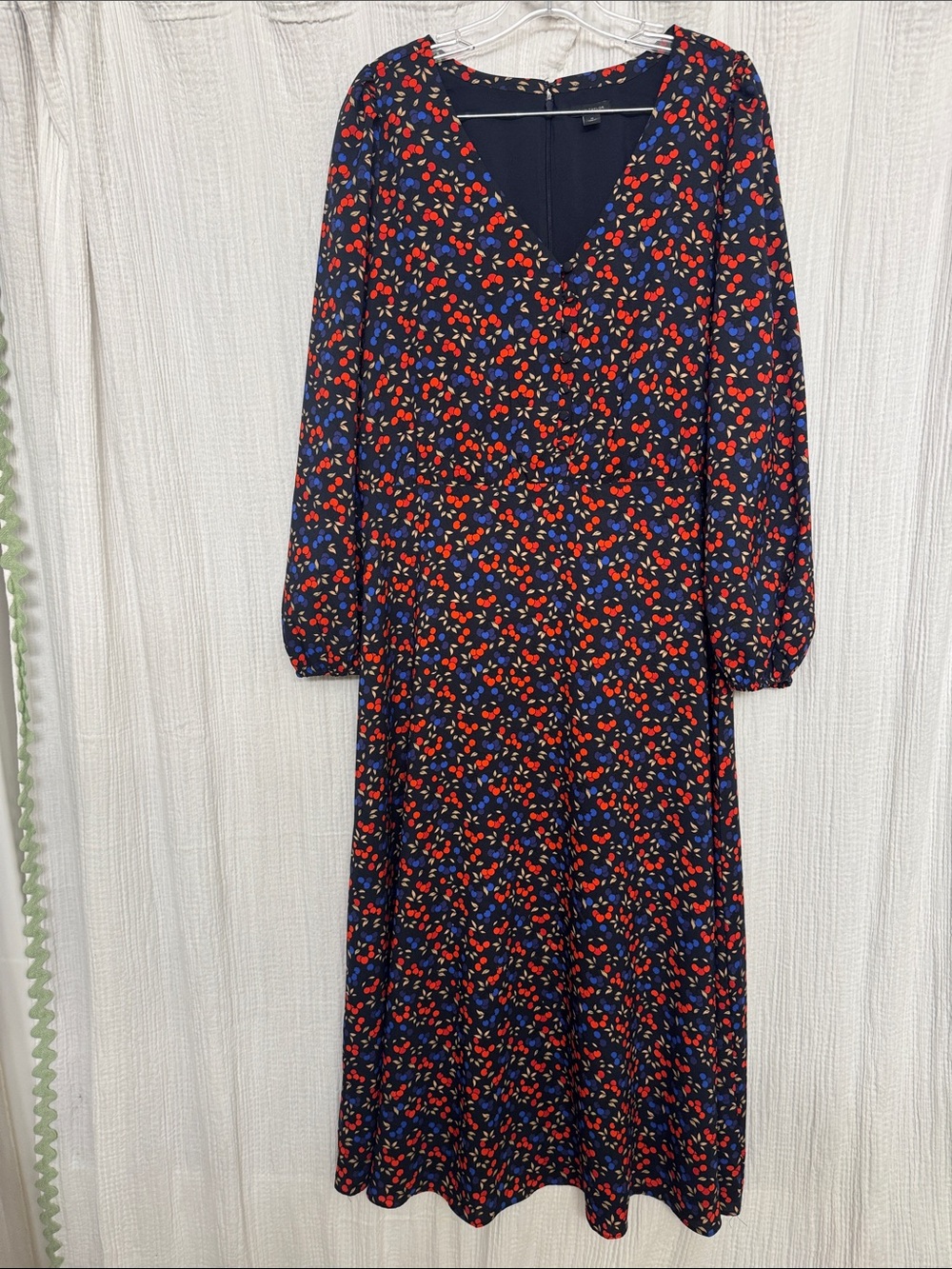 Ann Taylor Navy Long Sleeve Midi Dress with Red & Blue Floral Print